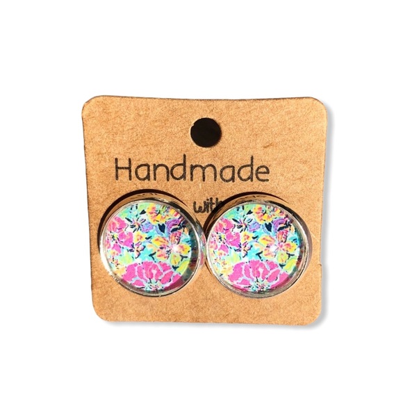 Cabana Bright Pink Floral Silver Stud Earrings - Picture 3 of 14